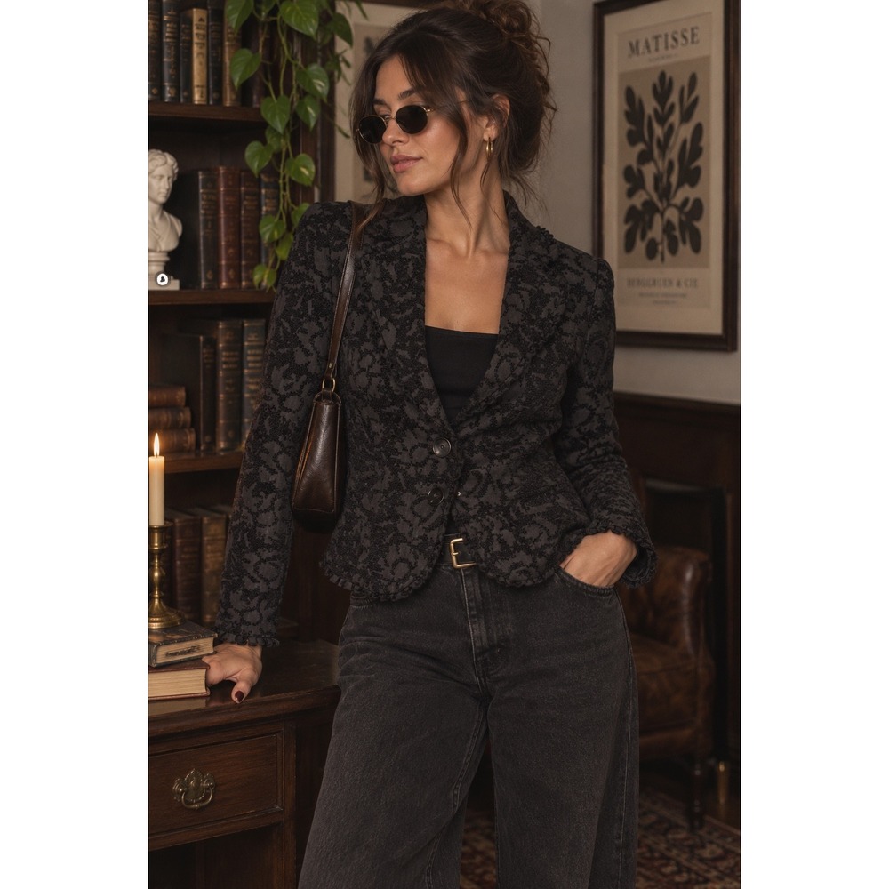 Bandolino Womens Black Textured Jacquard Ruffle Trim Blazer Jacket 8 Vintage Y2k